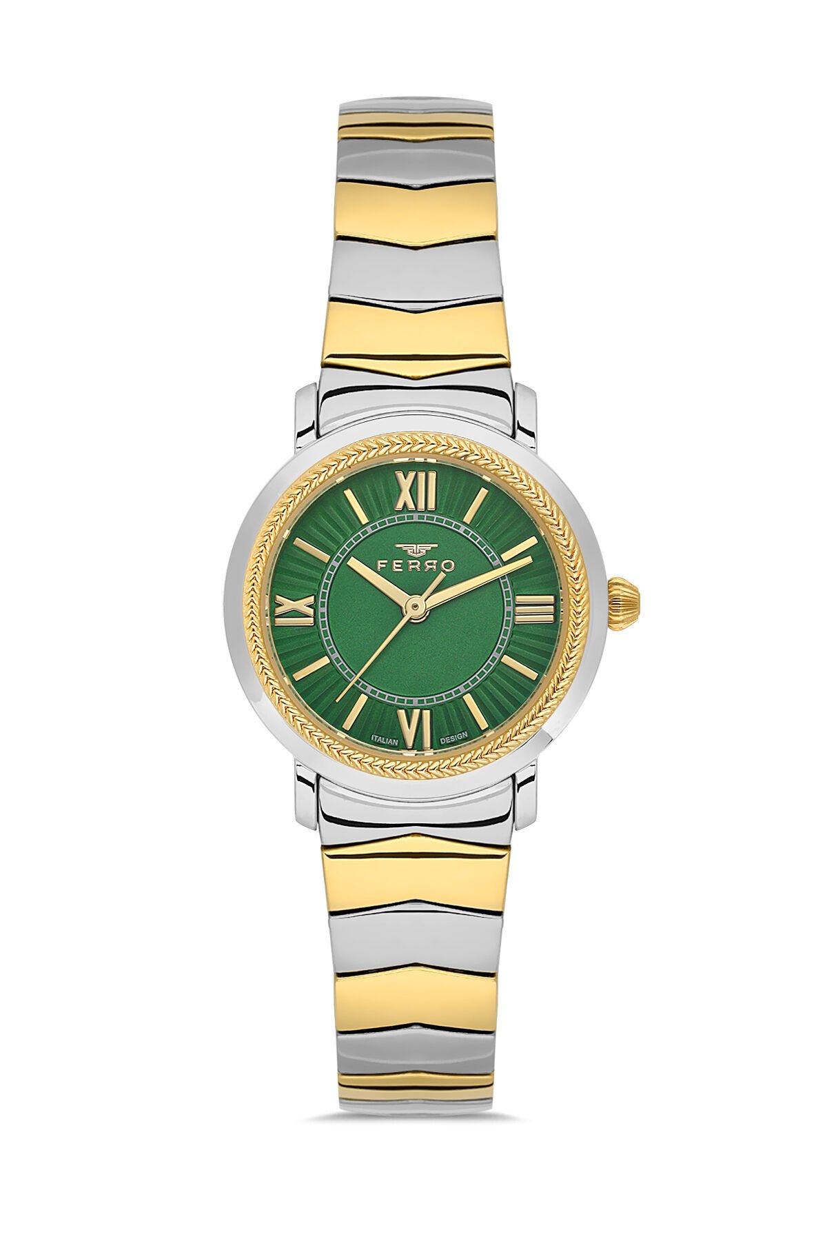 Ferro FL43009A-D6 Quartz Çelik Altın/Gri Yeşil Kadran 28 mm Kadın Kol Saati