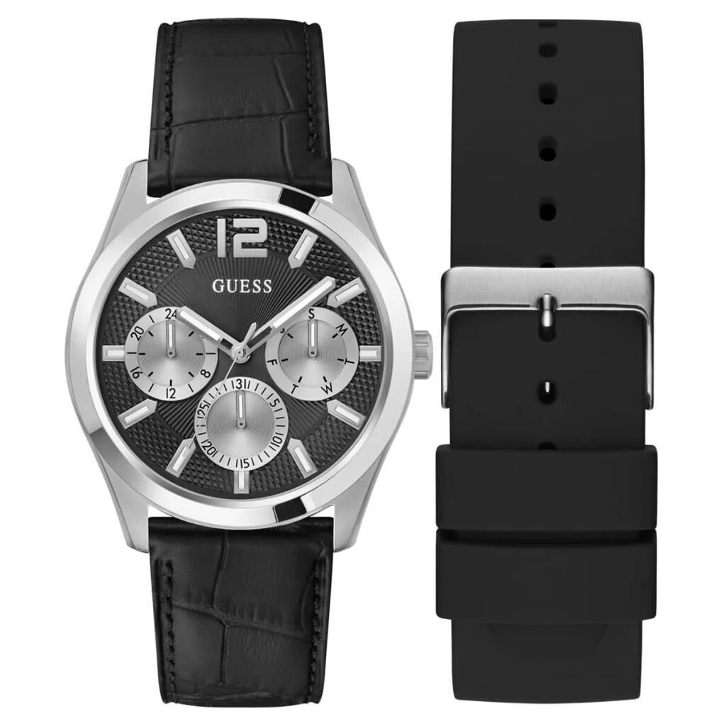 Guess GUGW0809G1 Quartz Deri Siyah 42 mm Silikon Yedek Kordonlu Erkek Kol Saati