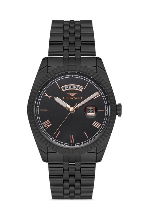 Ferro Siyah Çelik Kordon Erkek Kol Saati F11130AWT-G 3 ATM Su Geçirmez 2 Yıl Garantili HediyePaketli