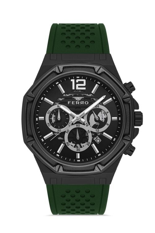 Ferro Quartz Silikon Yeşil Siyah Kadran 44 mm Fonksiyonları Aktif Erkek Kol Saati