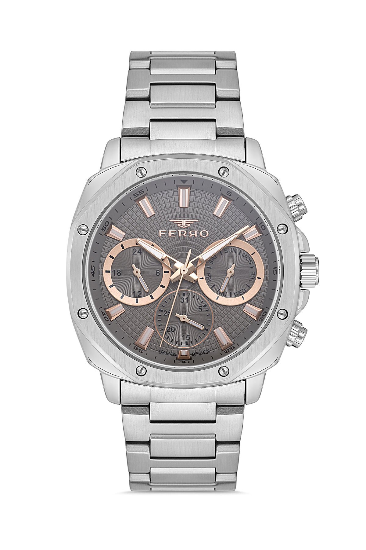 Ferro Gümüş Çelik Kordon Erkek Kol Saati FM11652A-A4 Fonksiyonları Aktif 3 ATM Su Geçirmez