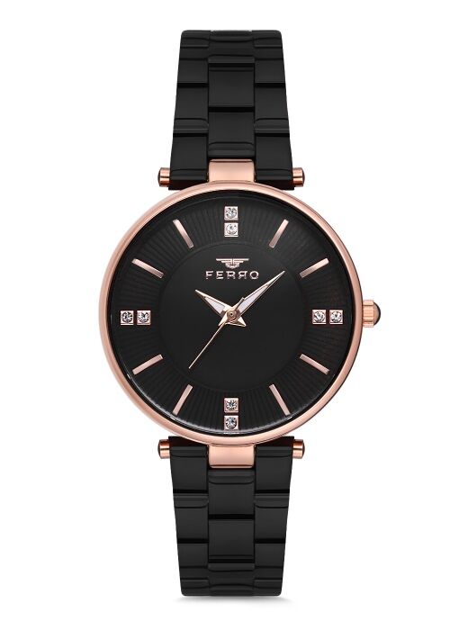 Ferro Siyah Hasır Kordon Kadın Kol Saati F2992A-1120-R 3ATM Su Geçirmez 2 Yıl Garantili