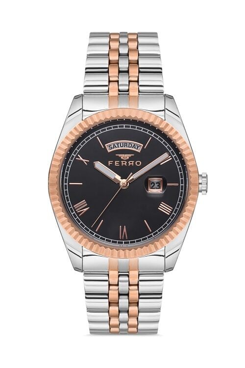 Ferro Rose ve Gümüş Çelik Kordon Erkek Kol Saati F11130A-E2 3 ATM Su Geçirmez 2 Yıl Garantili