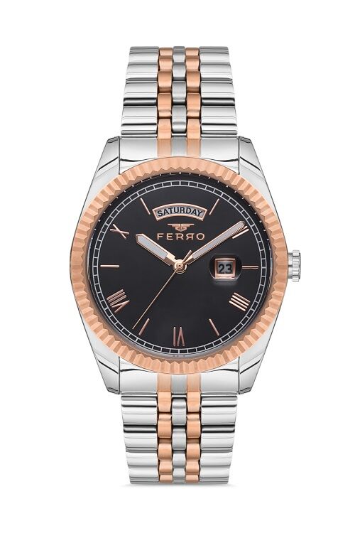 Ferro Rose ve Gümüş Çelik Kordon Erkek Kol Saati F11130A-E2 3 ATM Su Geçirmez 2 Yıl Garantili