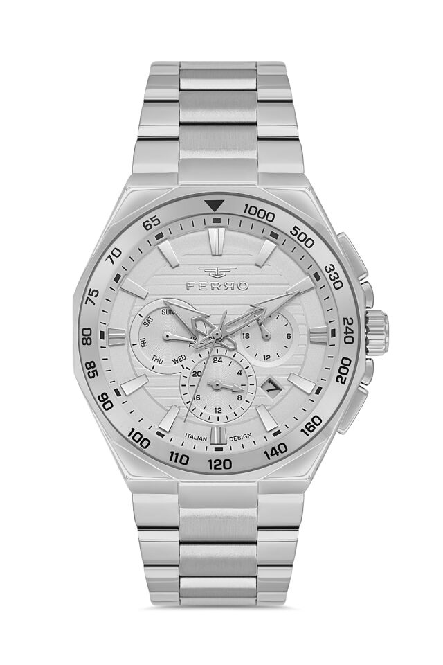Ferro FM11650AWT-A Quartz Çelik Gri Beyaz Kadran 44 mm Erkek Kol Saati