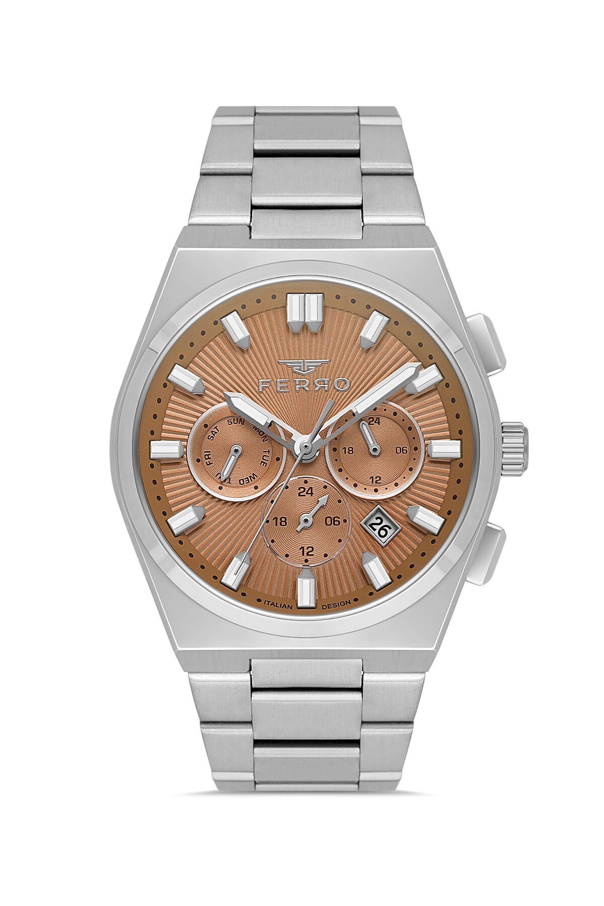 Ferro Gümüş Çelik Kordon Erkek Kol Saati FM43027A-A7 Tüm Fonksiyonlar Aktif 3ATM Su Geçirmez