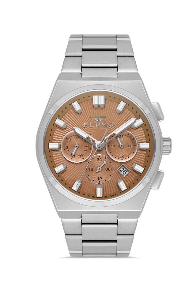 Ferro Gümüş Çelik Kordon Erkek Kol Saati FM43027A-A7 Tüm Fonksiyonlar Aktif 3ATM Su Geçirmez