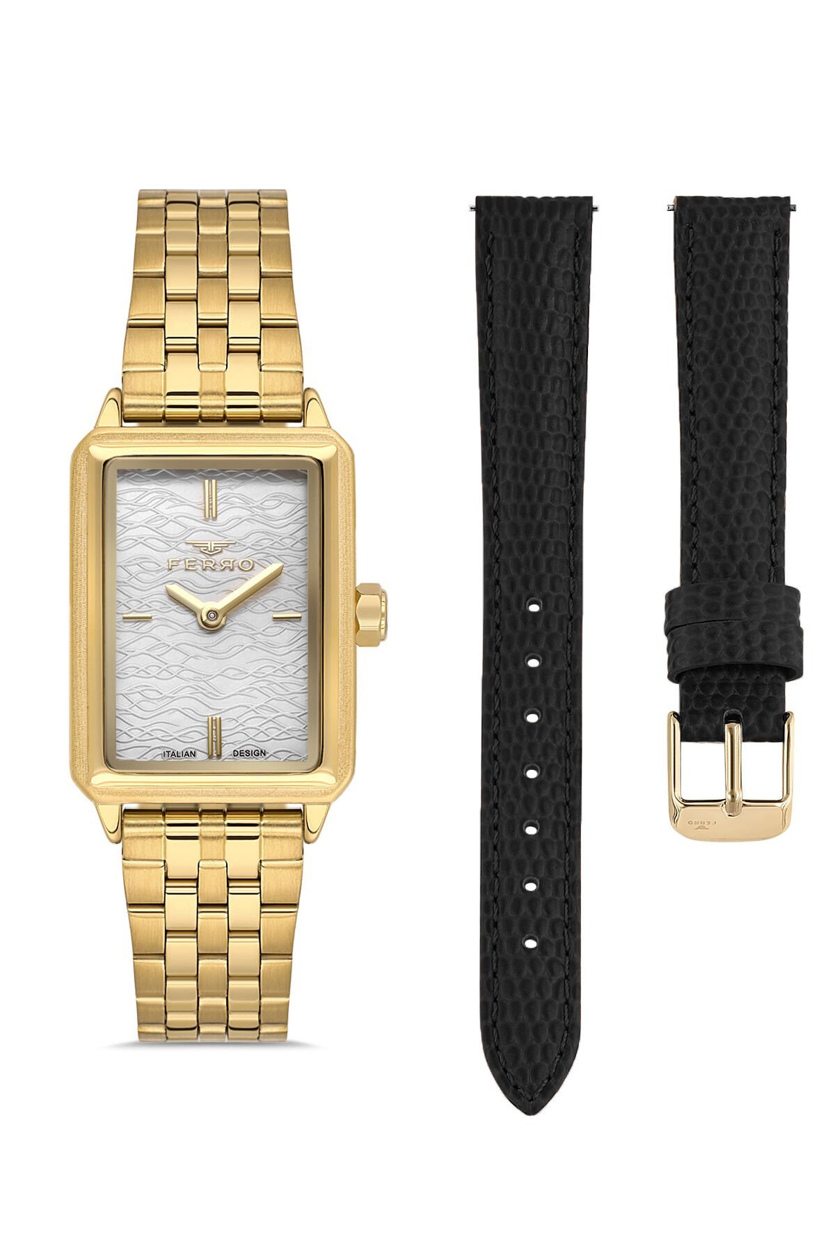 Ferro Gümüş Çelik ve Siyah Deri Kordon Hediyeli Kadın Kol Saati FL21626AWT-B