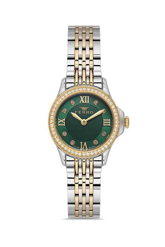 Ferro FL43030A-D6 Quartz Çelik Altın/Gri Yeşil Kadran 26 mm Kadın Kol Saati