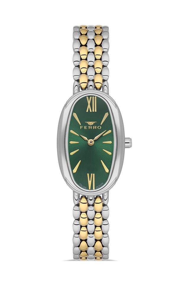 Ferro FL21510AWT-D6 Quartz Çelik Altın/Gri Yeşil Kadran 22 mm Kadın Kol Saati