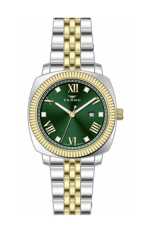Ferro FL21625AWT-D6 Quartz Çelik Altın Gri Yeşil Kadran 32 mm Kadın Kol Saati