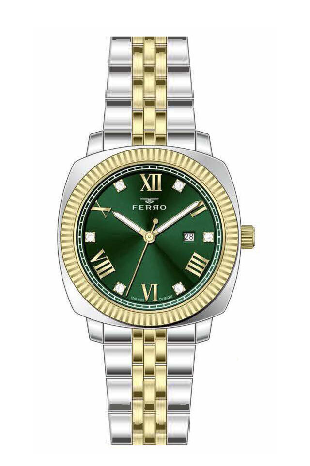 Ferro FL21625AWT-D6 Quartz Çelik Altın Gri Yeşil Kadran 32 mm Kadın Kol Saati