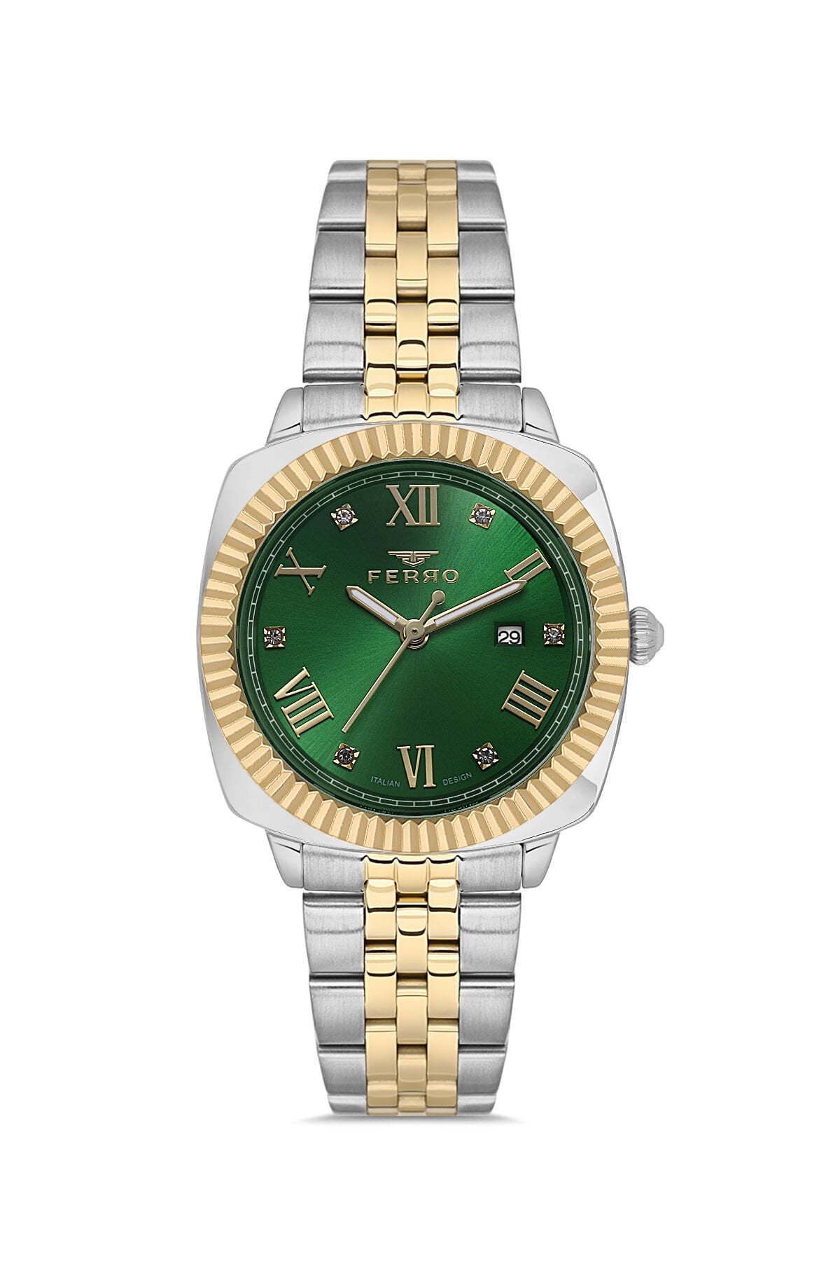 Ferro FL21625AWT-D6 Quartz Çelik Altın Gri Yeşil Kadran 32 mm Kadın Kol Saati