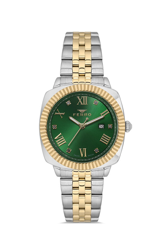 Ferro FL21625AWT-D6 Quartz Çelik Altın Gri Yeşil Kadran 32 mm Kadın Kol Saati