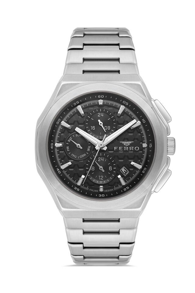Ferro FM43024A-A2 Quartz Çelik Gri Siyah Kadran 43 mm Erkek Kol Saati