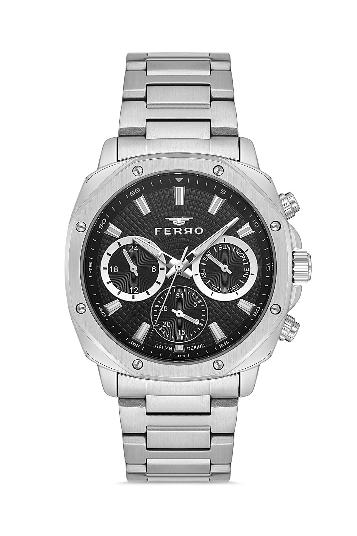 Ferro Gümüş Çelik Kordon Erkek Kol Saati FM11652A-A2 Fonksiyonları Aktif 3 ATM Su Geçirmez