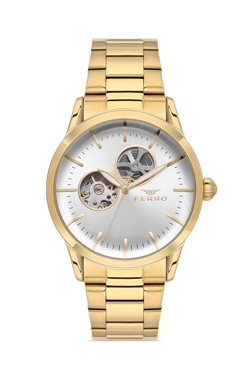 Ferro Sarı Çelik Kordon Erkek Kol Saati F31445A-B 3ATM Su Geçirmez 2 Yıl Garantili HediyePaketli