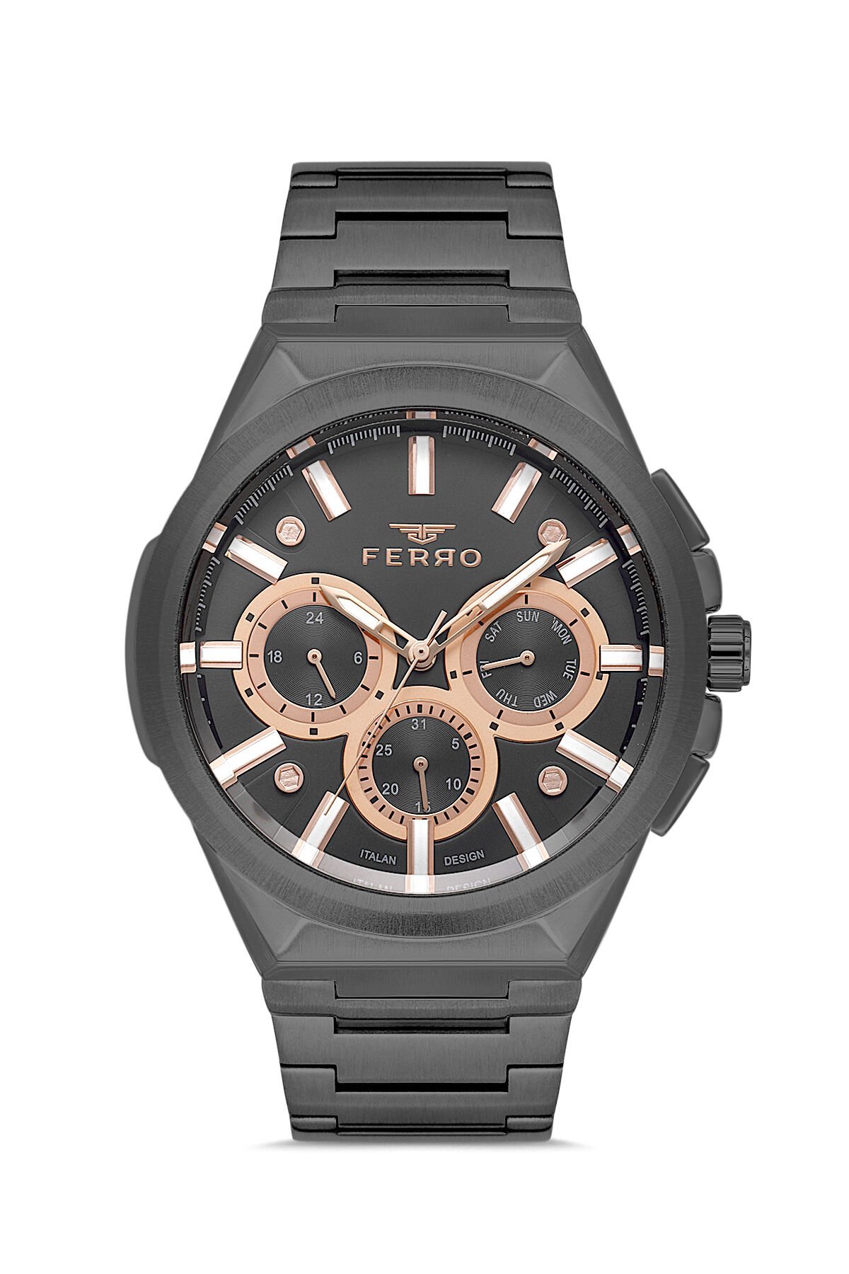 Ferro Siyah Çelik Kordon Erkek Kol Saati FM11505A-V Fonksiyonları Aktif 3ATM Su Geçirmez HediyePaket