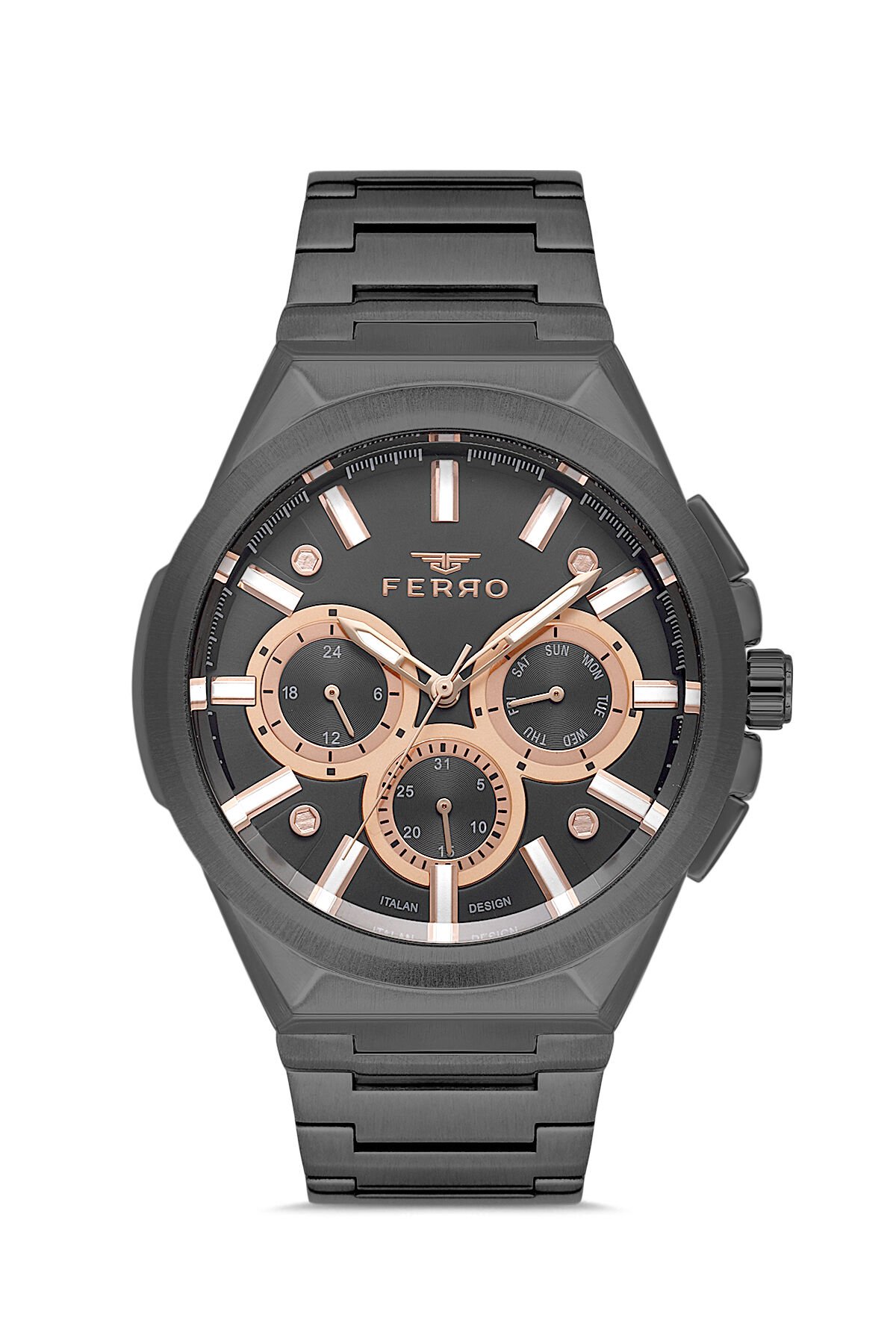 Ferro Siyah Çelik Kordon Erkek Kol Saati FM11505A-V Fonksiyonları Aktif 3ATM Su Geçirmez HediyePaket