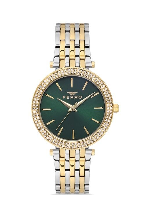 Ferro FL21449A-D6 Quartz Çelik Altın/Gri Yeşil Kadran 36 mm Kadın Kol Saati