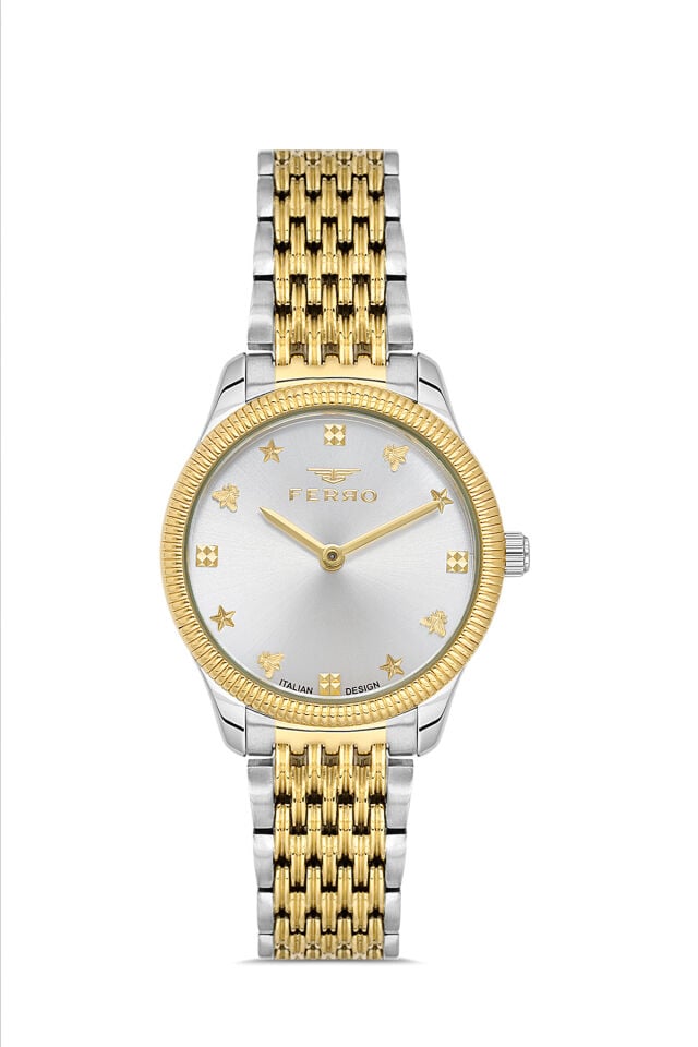 Ferro FL21512AWT-D Quartz Gri Sarı Çelik Kordon 30 mm Kadın Kol Saati