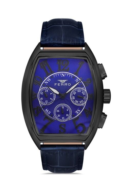 Ferro Lacivert Deri Kordon Erkek Kol Saati FM11447B-ZA Fonksiyonları Aktif 3ATM Su Geçirmez