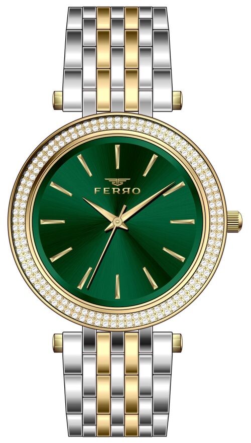 Ferro FL21449A-D6 Quartz Çelik Altın/Gri Yeşil Kadran 36 mm Kadın Kol Saati