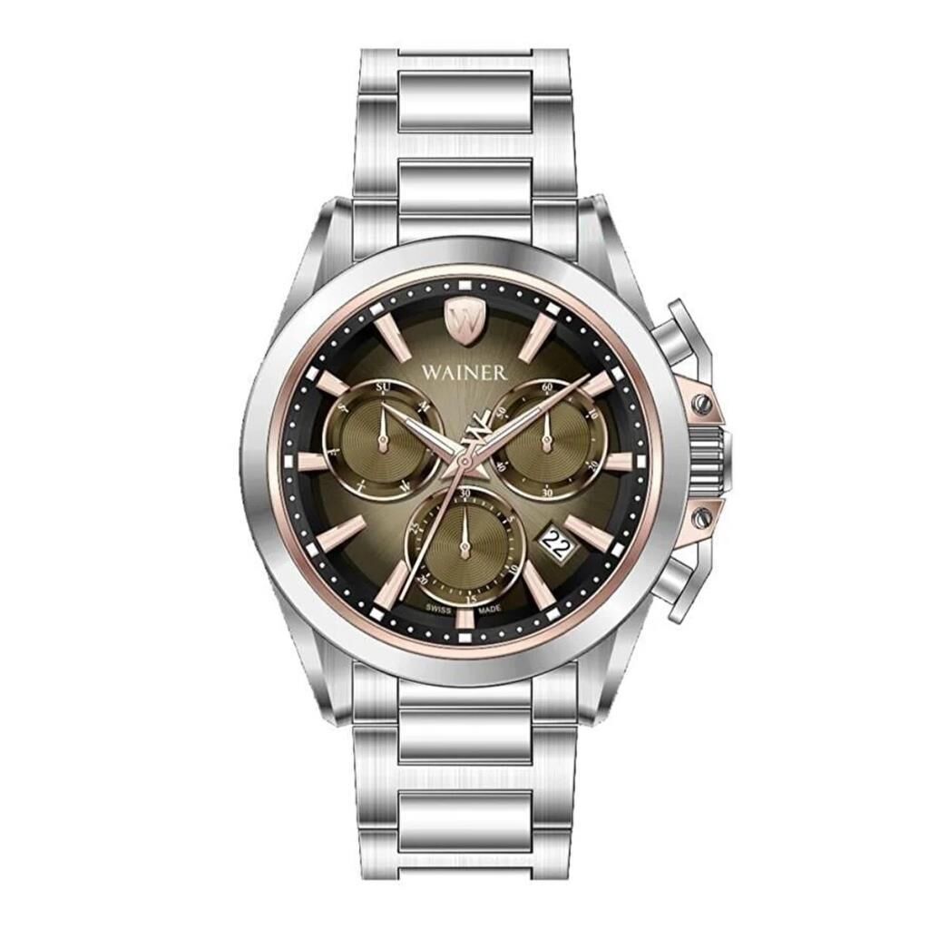 Wainer WA.16100-B Swiss Made Quartz  Çelik Gri Kahverengi Kadran Safir Cam 10 ATM 44 mm Erkek Kol Saati