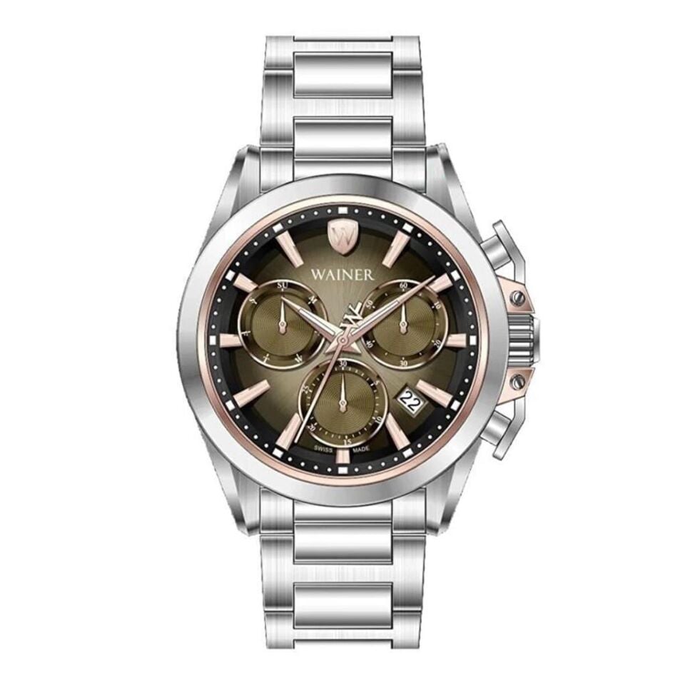 Wainer WA.16100-B Swiss Made Quartz  Çelik Gri Kahverengi Kadran Safir Cam 10 ATM 44 mm Erkek Kol Saati