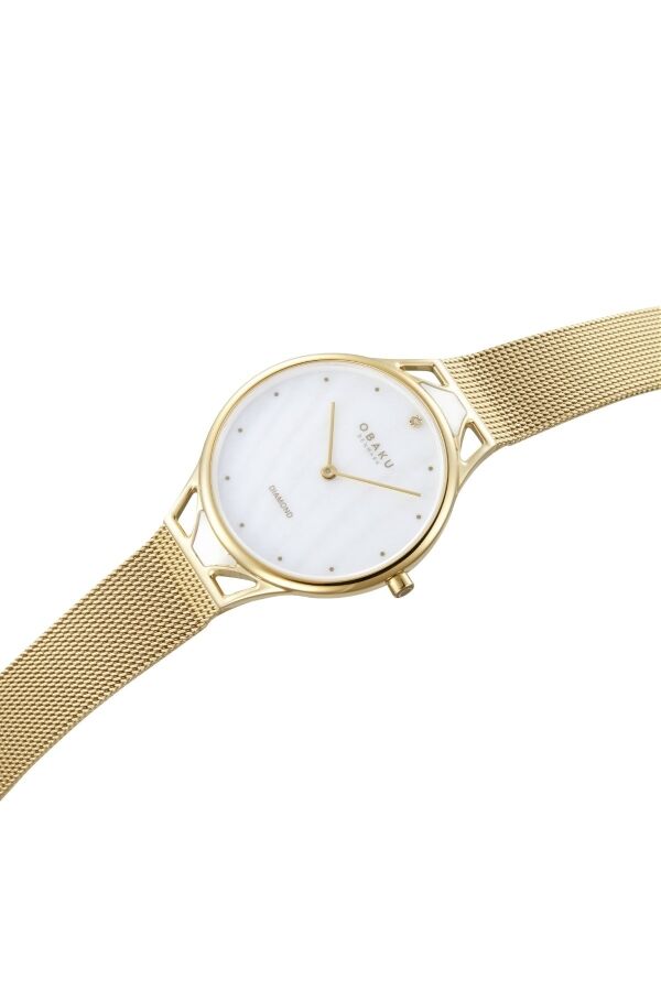 Obaku Denmark V302LXGWMG Quartz Çelik Hasır Altın Rengi Beyaz Kadran Safir Cam 32 mm Kadın Kol Saati