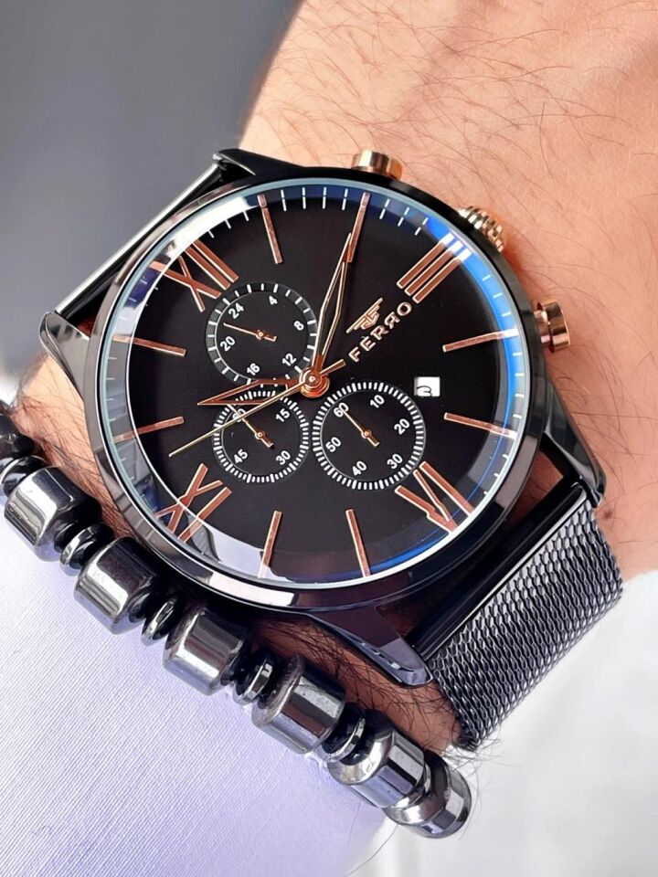 Ferro 45 mm Siyah Hasır Kordon Erkek Kol Saati FM1536C-G FM1536C-G