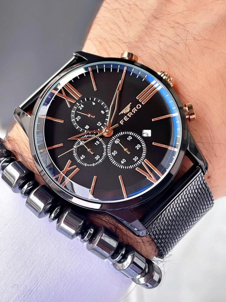 Ferro 45 mm Siyah Hasır Kordon Erkek Kol Saati FM1536C-G FM1536C-G