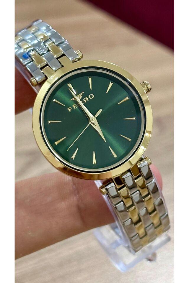 Ferro FL21331A-D6 Quartz Çelik Altın/Gri Yeşil Kadran 34 mm Kadın Kol Saati