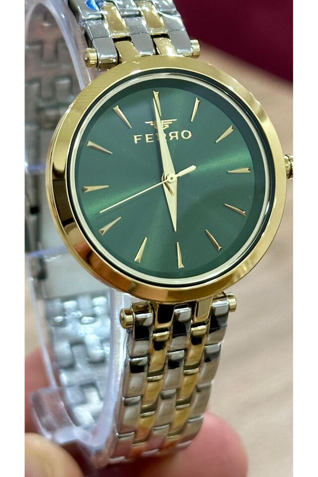 Ferro FL21331A-D6 Quartz Çelik Altın/Gri Yeşil Kadran 34 mm Kadın Kol Saati