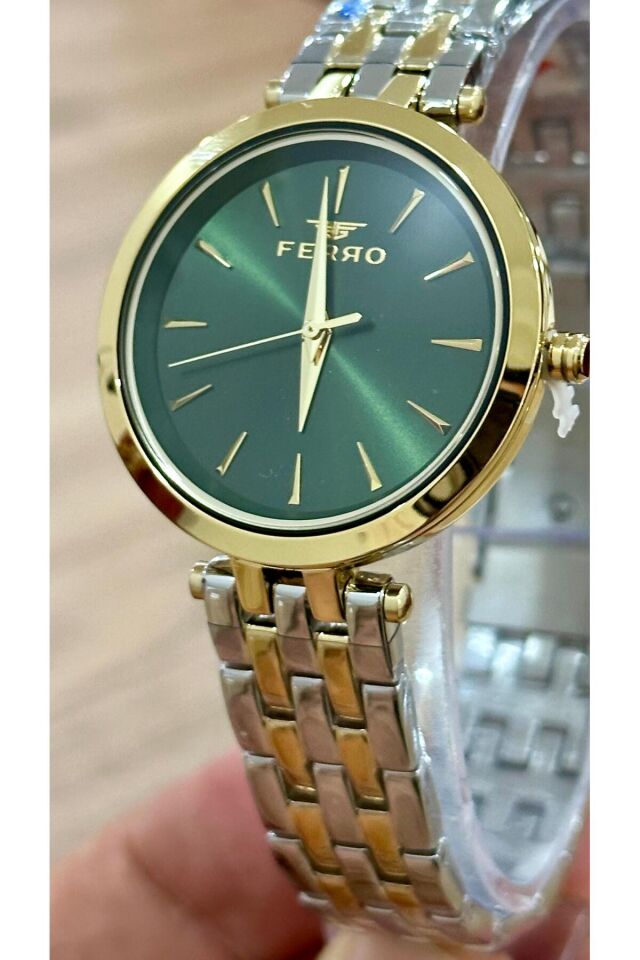 Ferro FL21331A-D6 Quartz Çelik Altın/Gri Yeşil Kadran 34 mm Kadın Kol Saati
