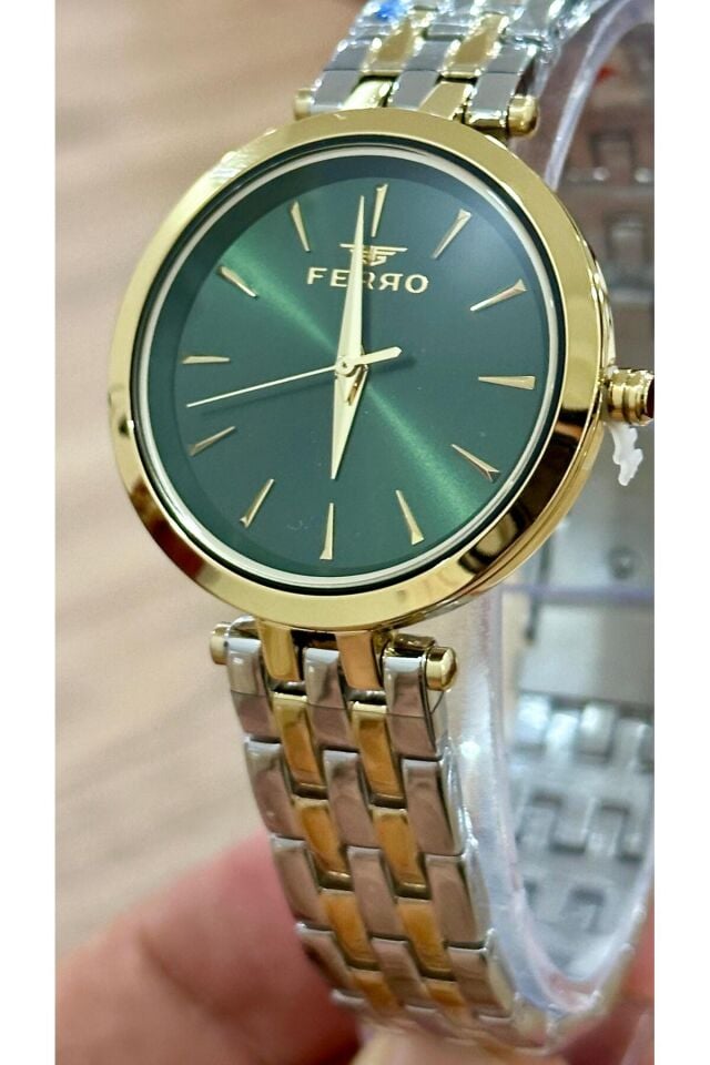 Ferro FL21331A-D6 Quartz Çelik Altın/Gri Yeşil Kadran 34 mm Kadın Kol Saati