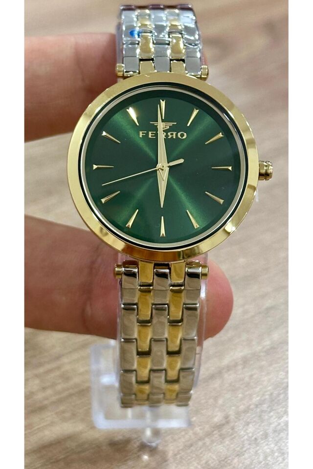 Ferro FL21331A-D6 Quartz Çelik Altın/Gri Yeşil Kadran 34 mm Kadın Kol Saati