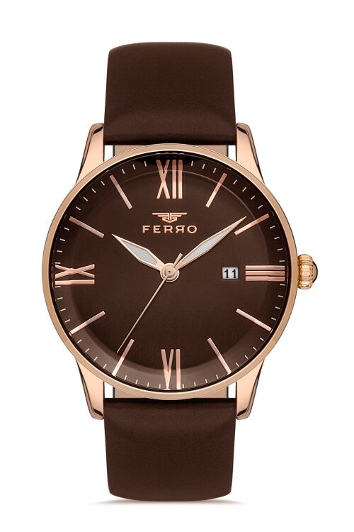 Ferro F11182B-S Kahverengi Deri Kordon 43 mm Erkek Kol Saati