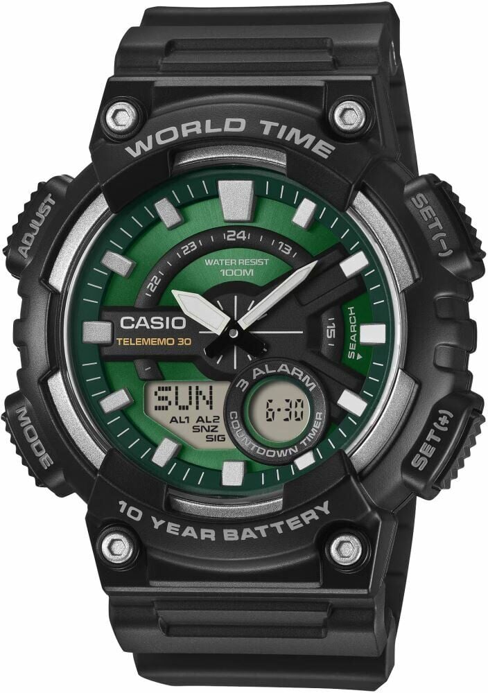 Casio AEQ-110W-3A2VDF Quartz Silikon Siyah Yeşil Kadran 10 ATM 48 mm Erkek Kol Saati