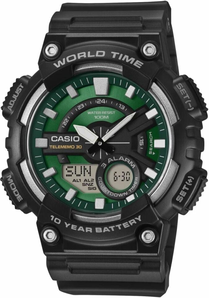 Casio AEQ-110W-3A2VDF Quartz Silikon Siyah Yeşil Kadran 10 ATM 48 mm Erkek Kol Saati