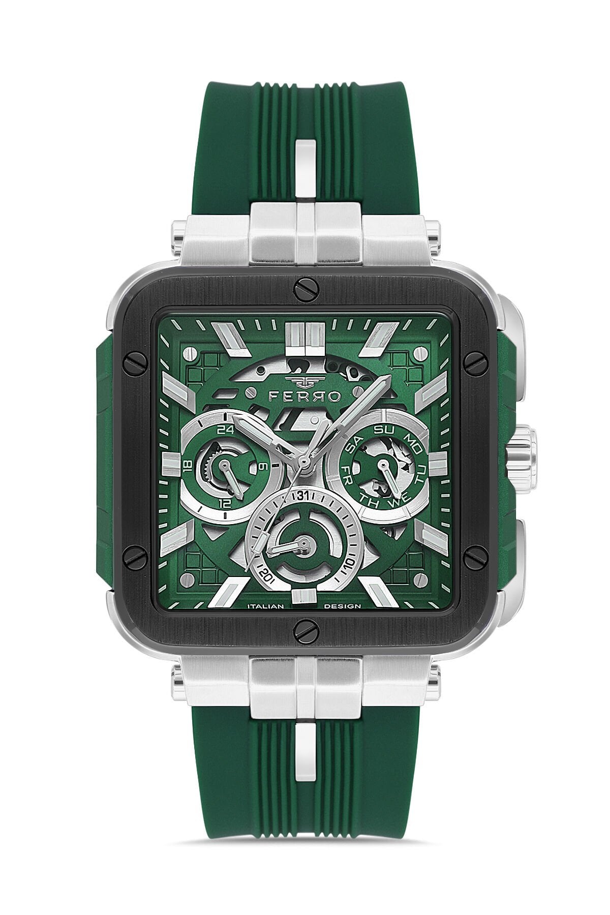 Ferro Yeşil Silikon Kordon Erkek Kol Saati FM11572D-J6 Fonksiyonları Aktif 3 ATM Su Geçirmez