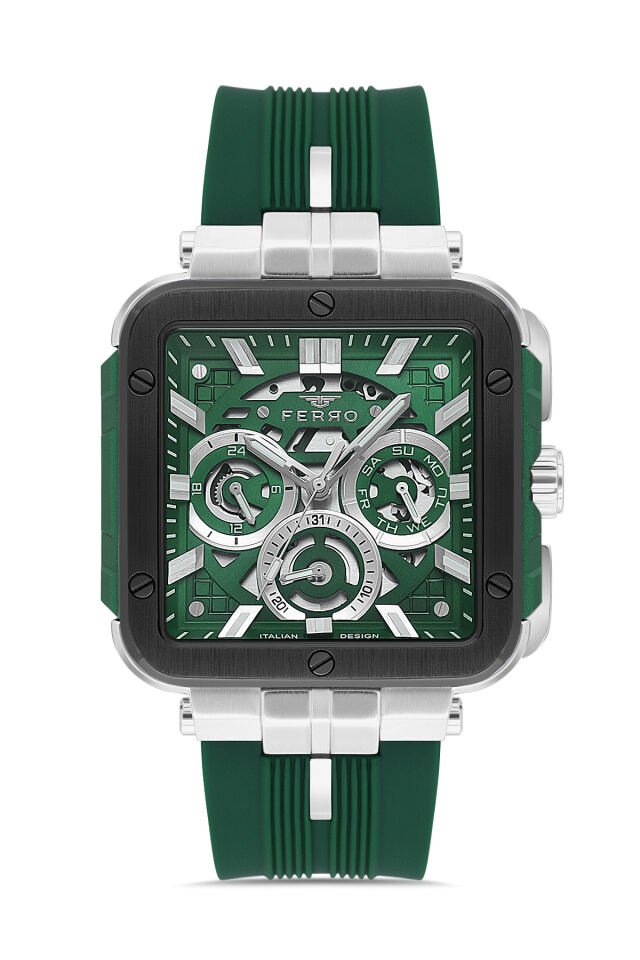 Ferro Yeşil Silikon Kordon Erkek Kol Saati FM11572D-J6 Fonksiyonları Aktif 3 ATM Su Geçirmez
