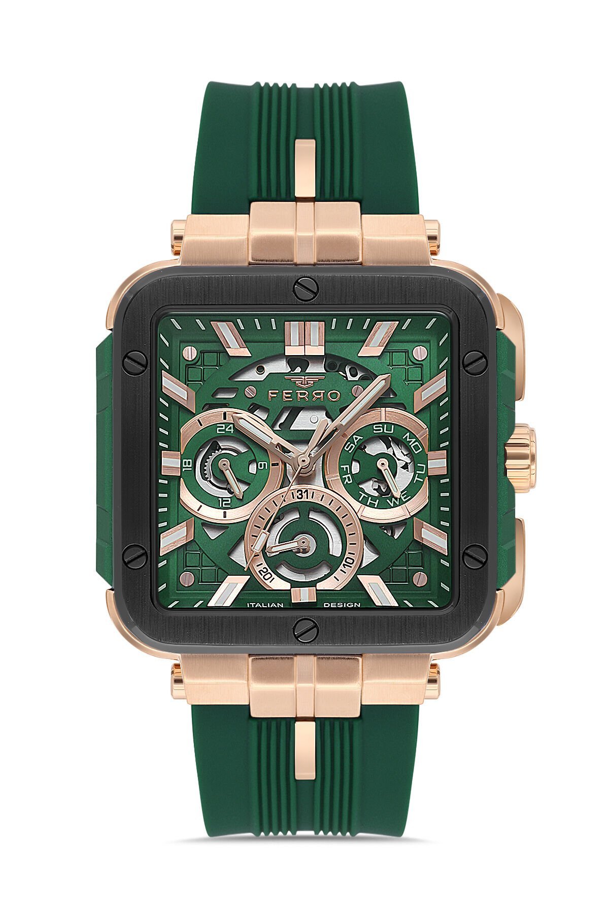 Ferro Yeşil Silikon Kordon Erkek Kol Saati FM11572DWT-R6 Fonksiyonları Aktif 3 ATM Su Geçirmez
