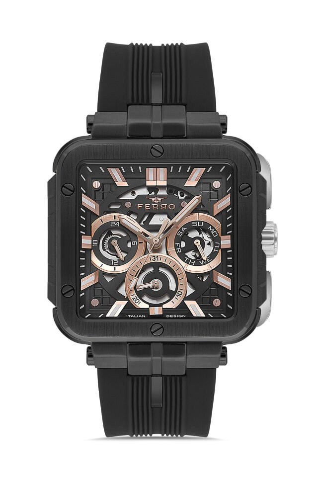 Ferro Siyah Silikon Kordon Erkek Kol Saati FM11572D-G Fonksiyonları Aktif 3 ATM Su Geçirmez