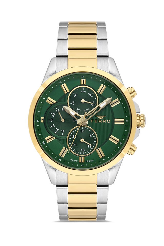 Ferro FM11533AWT-D6 Quartz Çelik Altın/Gri Yeşil Kadran 46 mm Erkek Kol Saati