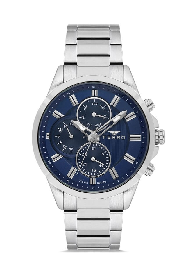 Ferro FM11533AWT-A3 Quartz Çelik Gri Mavi Kadran 46 mm Erkek Kol Saati