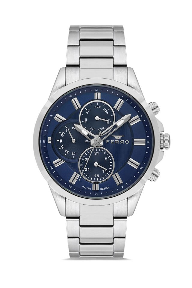 Ferro FM11533AWT-A3 Quartz Çelik Gri Mavi Kadran 46 mm Erkek Kol Saati