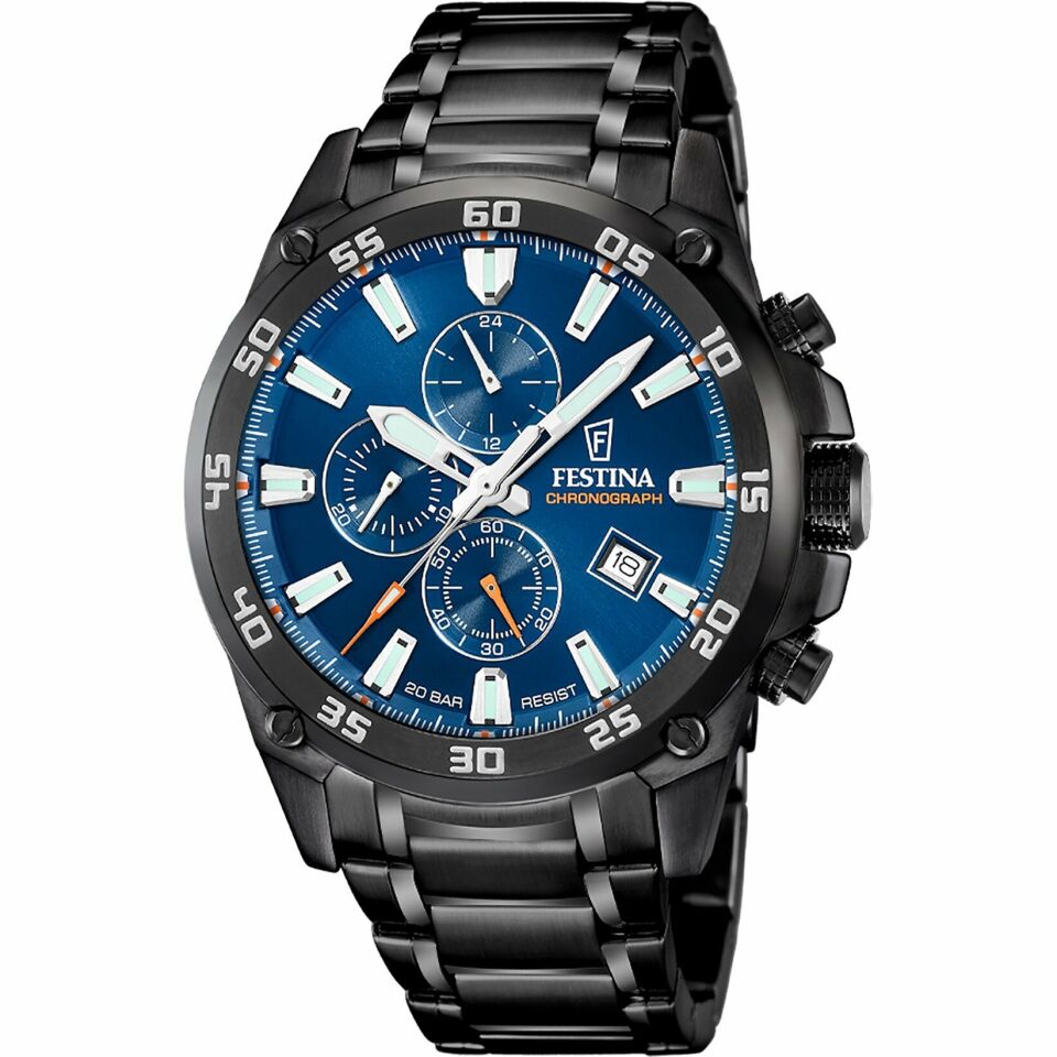 Festina F20735/1 Timeless Chronograph Quartz Çelik Siyah Mavi Kadran 20 ATM 47 mm Erkek Kol Saati