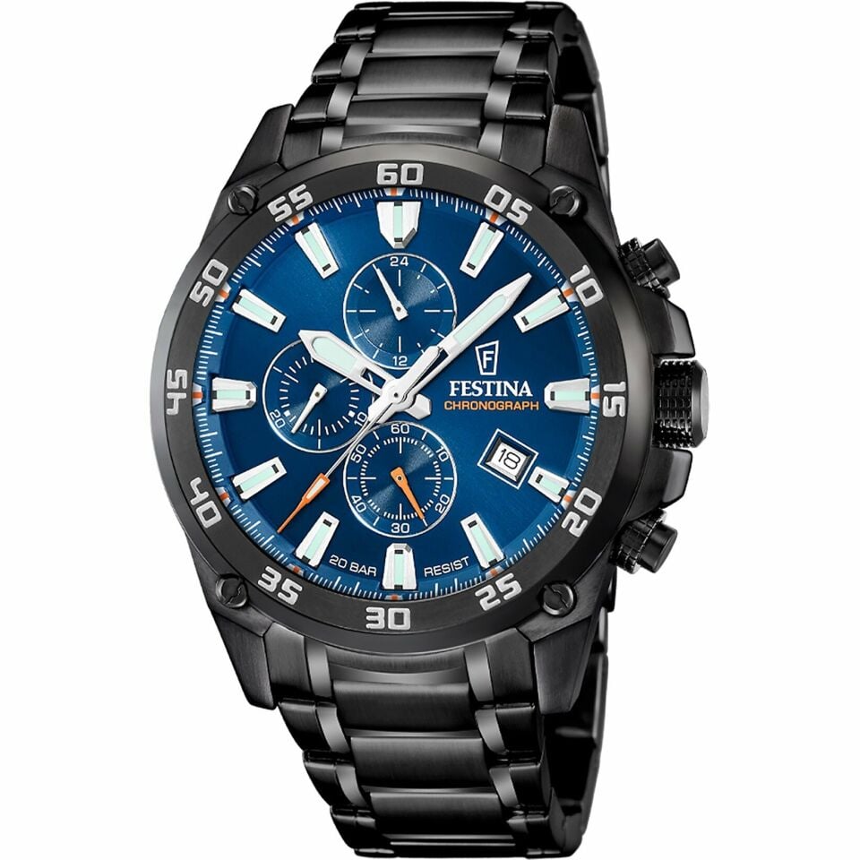 Festina F20735/1 Timeless Chronograph Quartz Çelik Siyah Mavi Kadran 20 ATM 47 mm Erkek Kol Saati