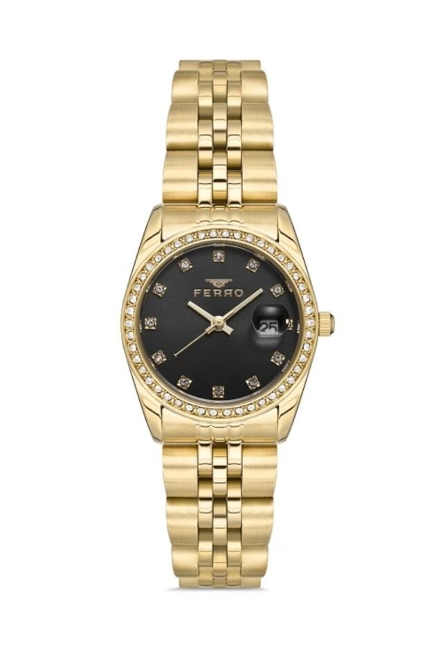 Ferro Fl21450a-b2 Quartz Çelik Altın Rengi Siyah Kadran 28 mm Kadın Kol Saati